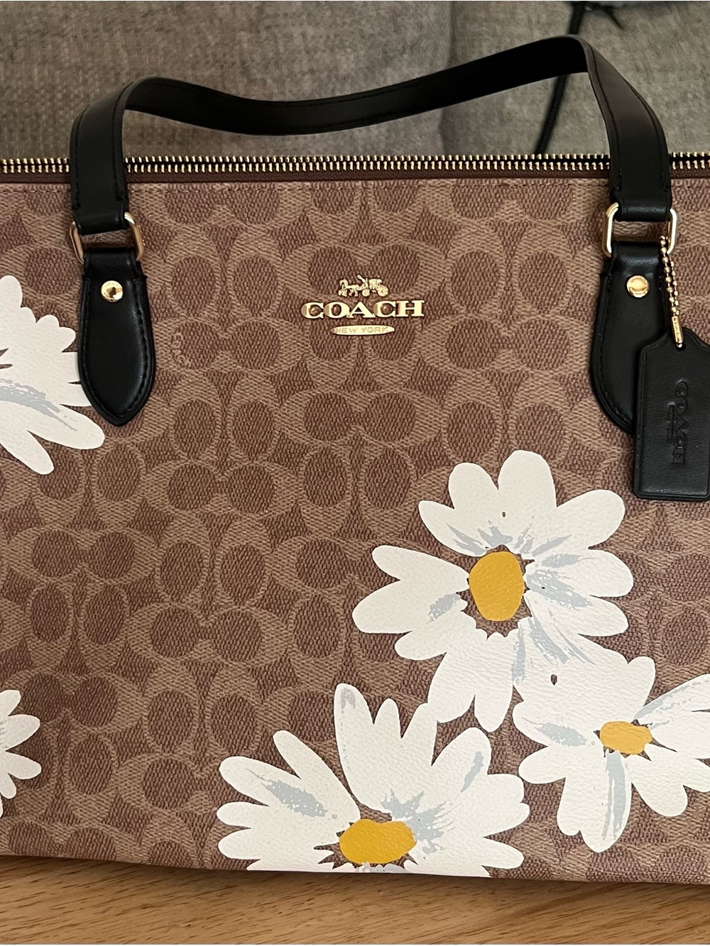 COACH Brown Daisy Print Tote with Black Handles and Gold Hardware - Picture 2 of 6